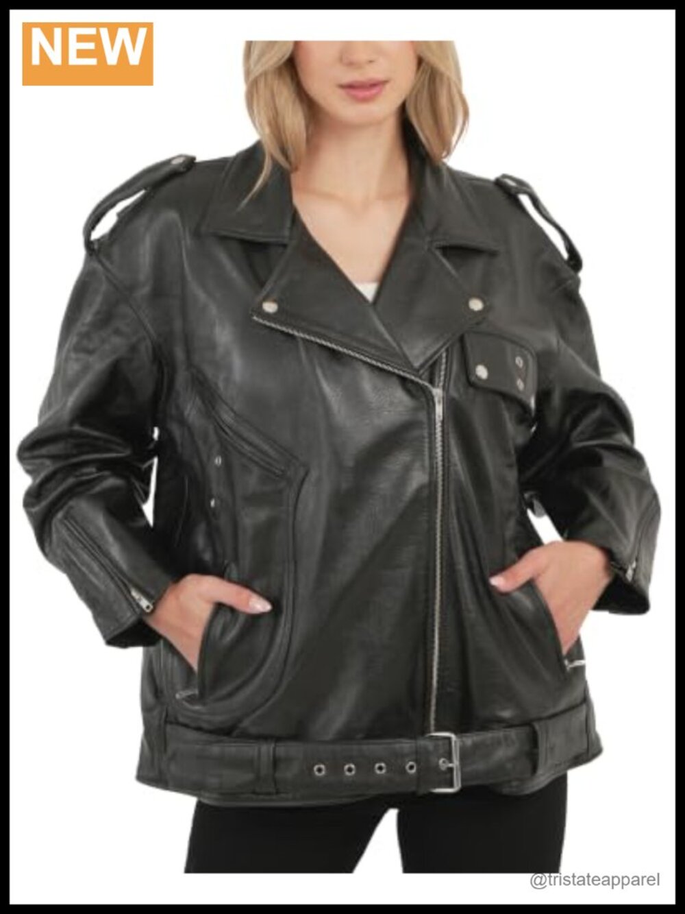Women's Oversized Real Leather Motorcycle Jacket Black Moto Biker Coat